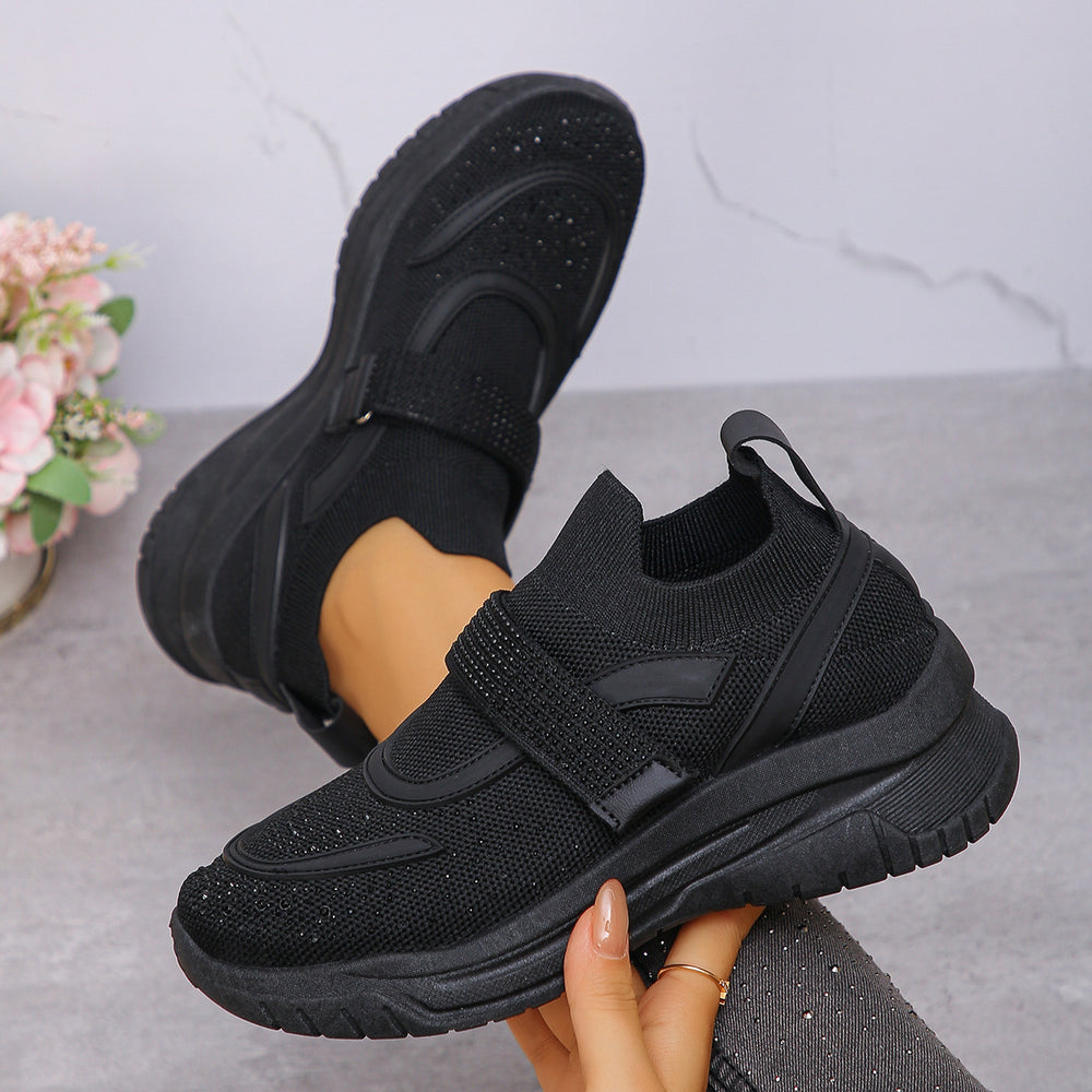 Exportplus sizespring & fallnew arrivalfashion rhinestone deep mouth thick sole breathable beaded velcro fly woven sports casual shoes