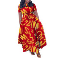 Q128 cross-border fashionable short-sleeve printed plus-size high-waisted a-line midi dress - new european and american style