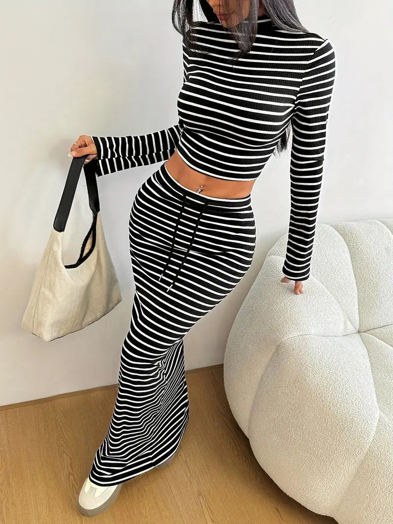 fashion women's solid color striped two-piece set: semi-high neck long sleeve top & drawstring waist maxi skirt