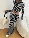 fashion women's solid color striped two-piece set: semi-high neck long sleeve top & drawstring waist maxi skirt