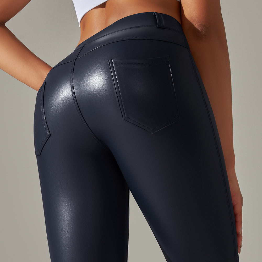 Clearance european and american sexy pu leather pants plus size tummy control leggings sports with pockets skinny pants brushed style bottom pants