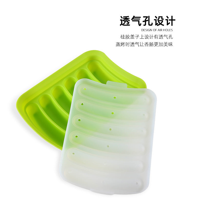 Large 6-piece silicone sausage mold with lid, ham sausage box, hot dog mold, crisper box, diy baking sausage box shape