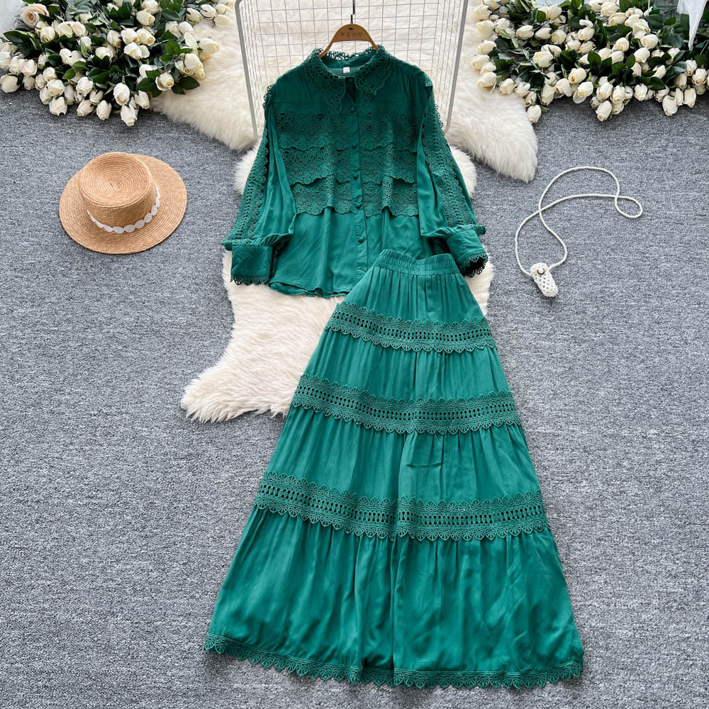 French court style hollow-out crochet mature woman's summer outfit: long-sleeved blouse & elastic waist long skirt set
