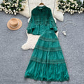 French court style hollow-out crochet mature woman's summer outfit: long-sleeved blouse & elastic waist long skirt set