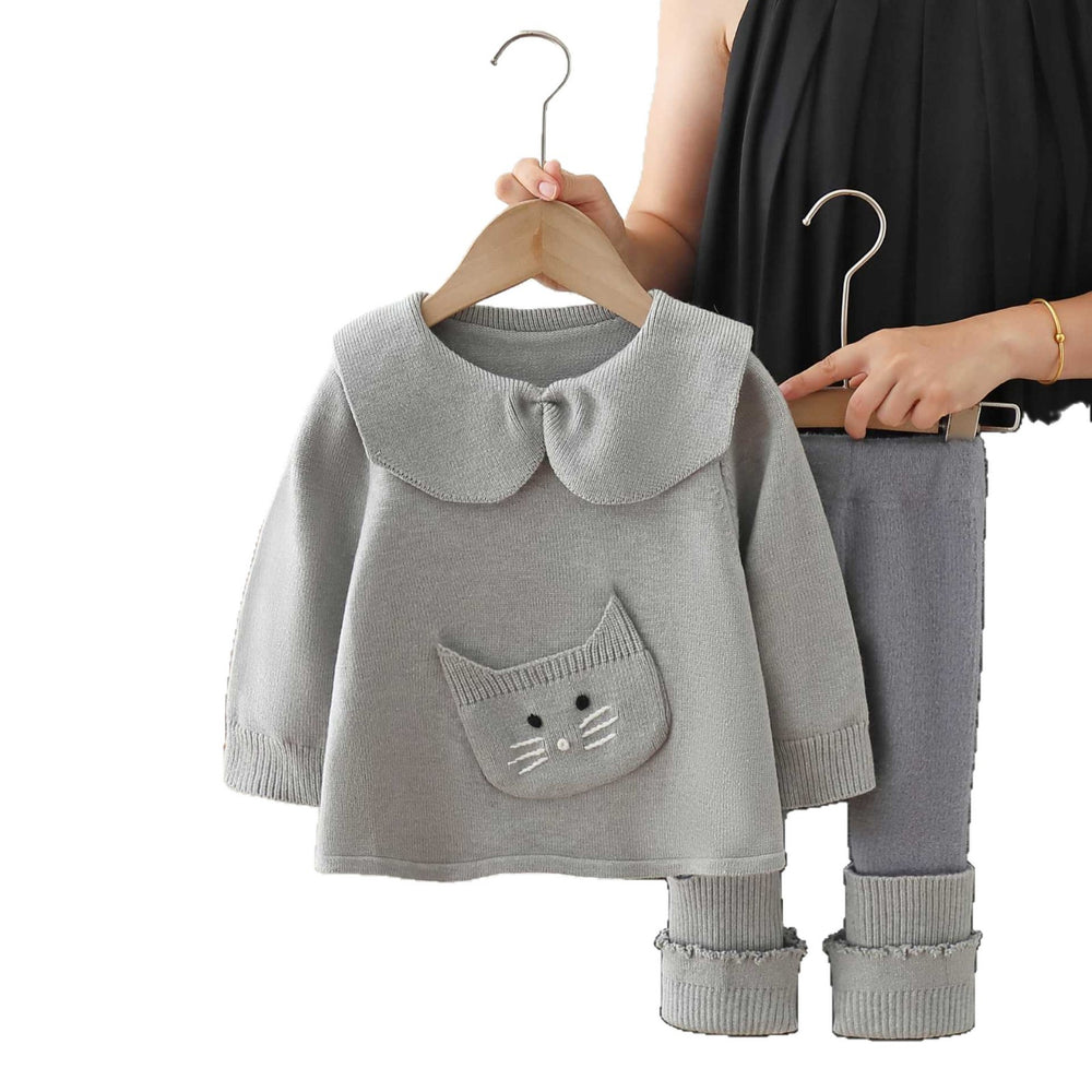 Girls' cartoon cat outfit: new korean style knitted cardigan & cute baby sweater leggings two-piece set