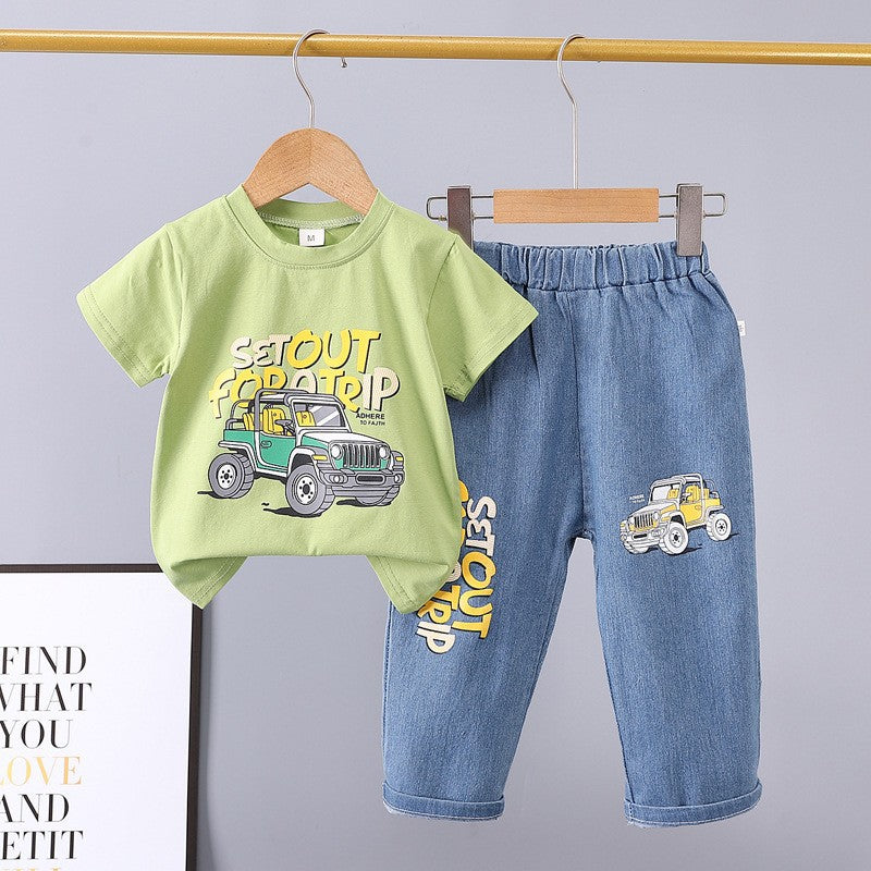 Boys' summer outfit  new style baby summer clothes wholesale off-road car trendy two-piece set for mid-to-large children