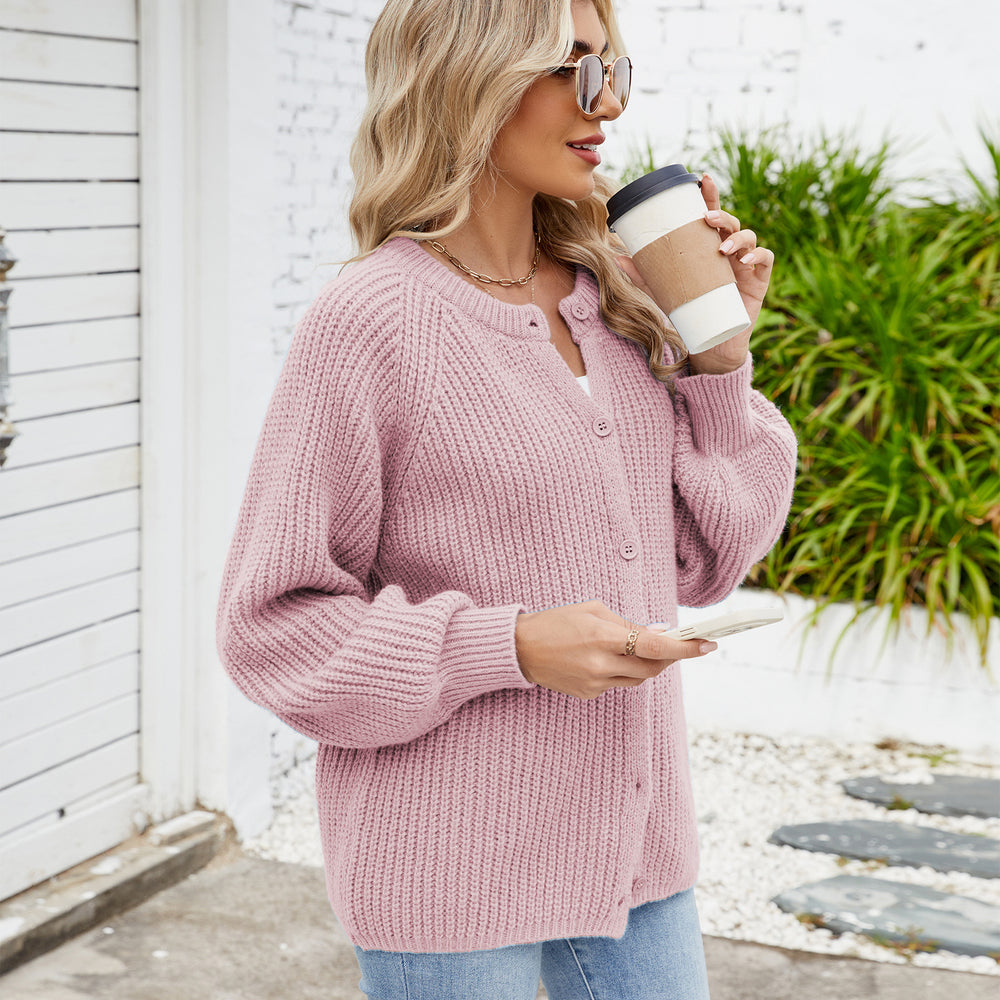 Fashion cross-border export women's clothing new arrival   loosecasual round neck sweater one-row button tops trendy