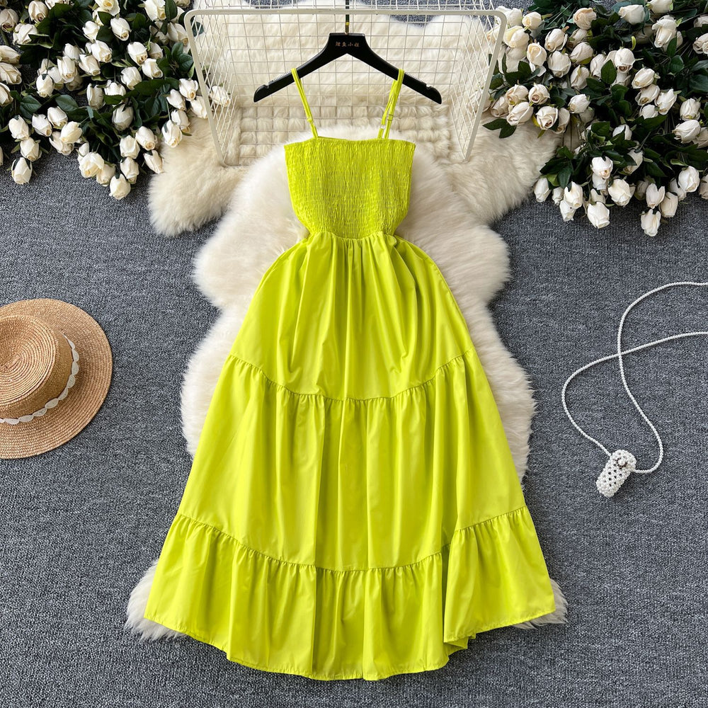 Women's slip dress - new summer  collection: elastic waist, slimming, sleeveless bandeau, ruffle hem maxi dress