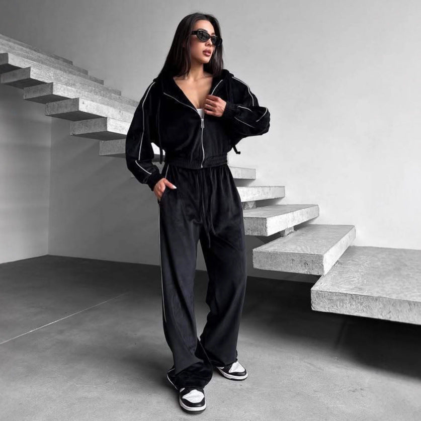 Europe, America, 's new velvet sports suit, bar-striped hooded cardigan, jacket, lace-up wide-leg pants, two-piece set for women