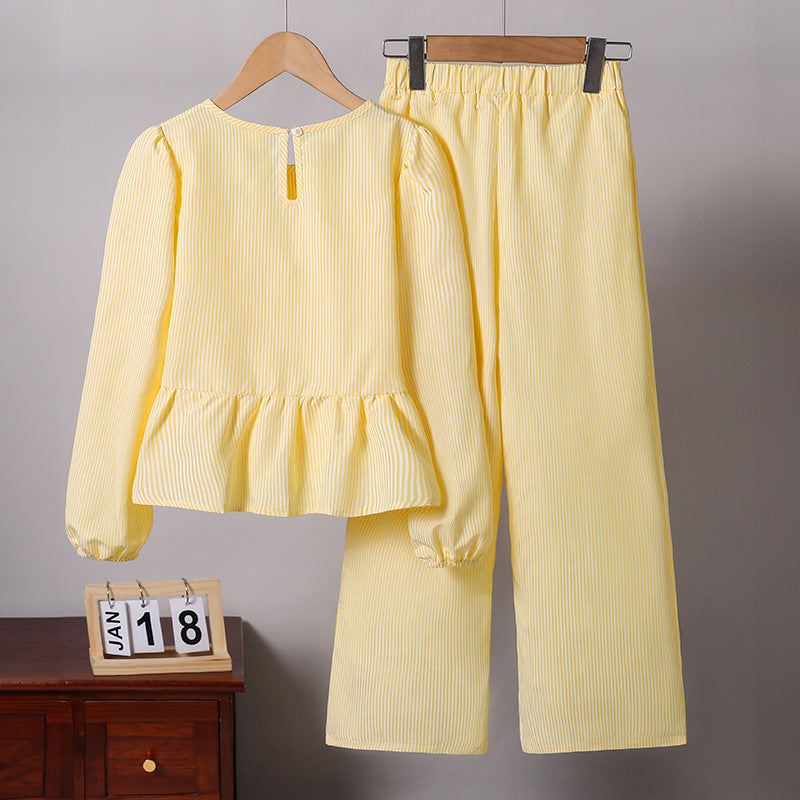 European and american cross-border girls' spring  collection: independent website &  new arrival - tie-up bow long sleeve top and pants set
