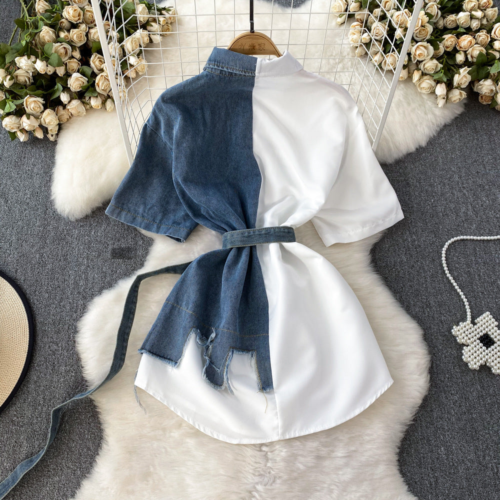 Contrast color lapel waist slimming looka single breasted shirt denim dress women's longasymmetrical t-shirt skirt