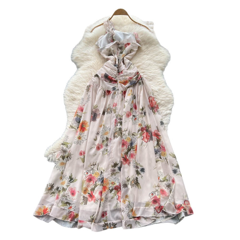 Atmosphere stereo flower halter oblique shoulder suspender dress female french pure desire waist elegant slit floral skirt