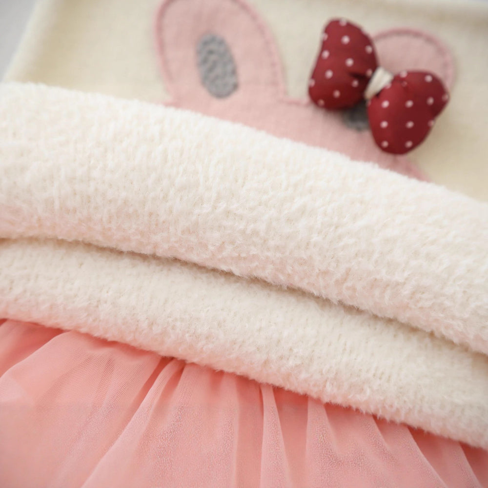 Girlsweater bunny thickened all-in-one velvet with tutu skirt two-piece set baby girl round neck knitting bottom shirtsuit