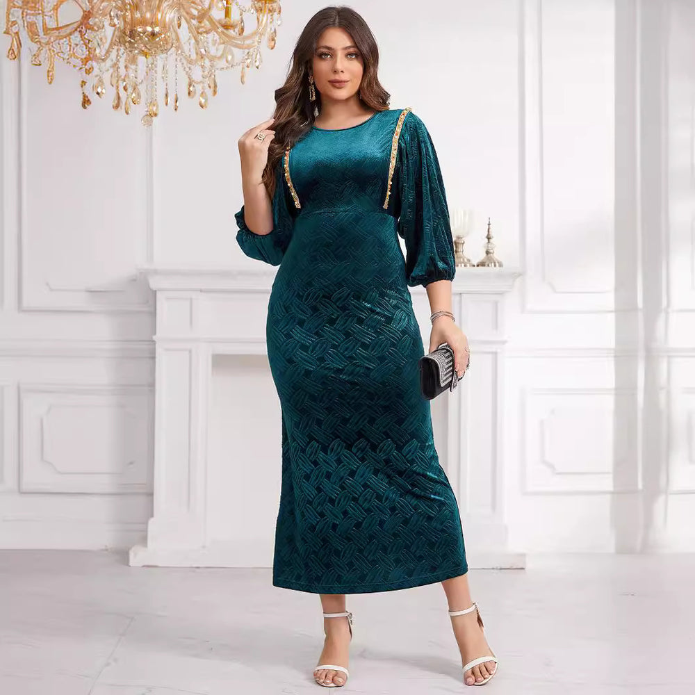 supply flannel embossed round neck handmade beaded lantern sleeves silmfashiondress special price