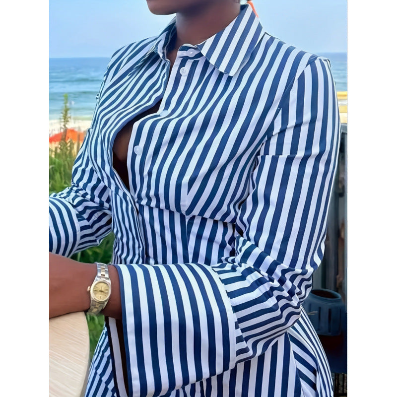 code new arrival  women's original loosestripeslong sleeves lapel dress