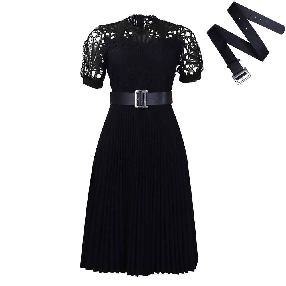 D499 european and american style women's  new short-sleeve lace trim pleated african dress - cross-border evening gown