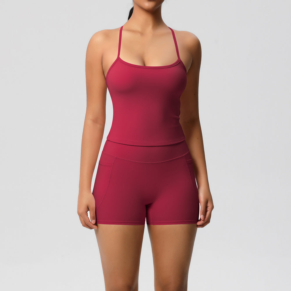 European and american style solid color cloud-feel yoga pants with pockets and breathable sports bra two-piece set for fitness and yoga