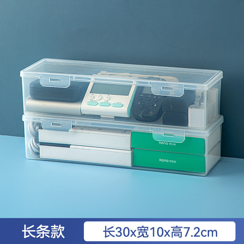 Desktop long rectangular storage box with lid grid transparent storage box flip plastic data cable storage box
