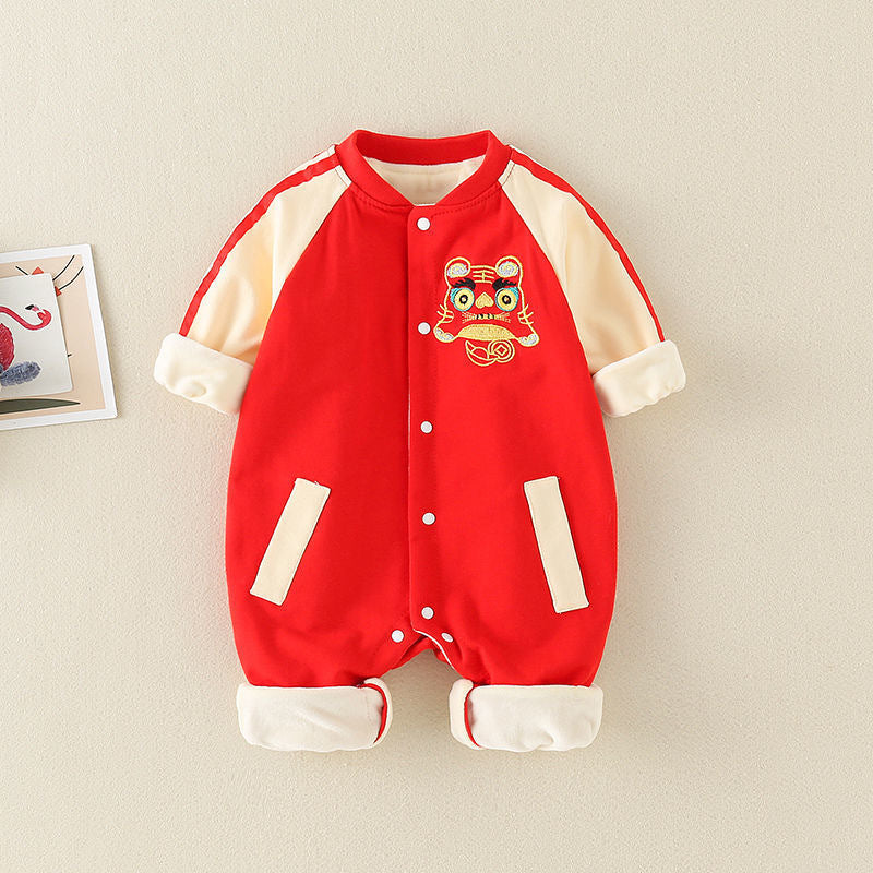 Baby fall and winter wear chinese style long sleevesfleece-lined khaki full moon suit tiger head first birthday dress climbing suit national trend