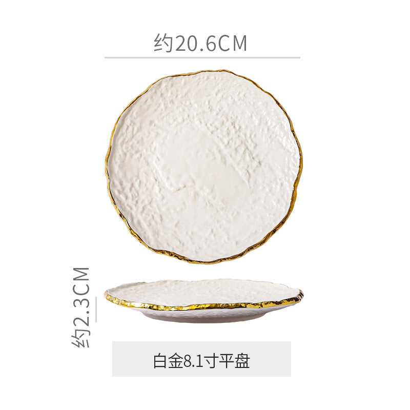 Luxury retro-style irregular ceramic dinnerware set with embossed gold trim – perfect for home, restaurant, and hotel table settings