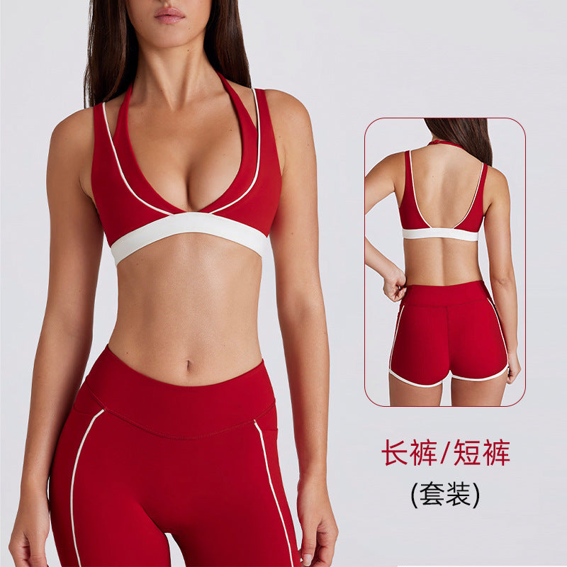 fake two-piececontrast color white striped running fitness shorts v neckhalter sports intimates bra yoga suit