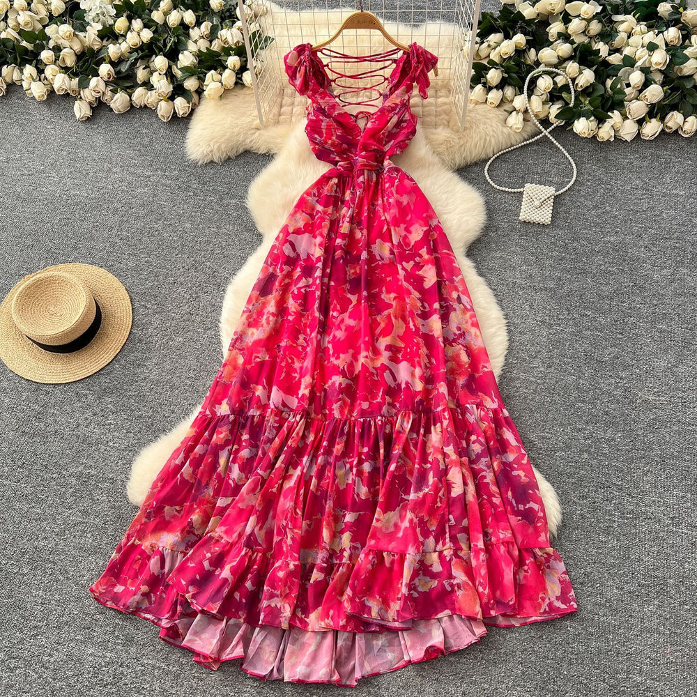 Frenchretrov neck small flying sleeves printingdress women's fashionbackless waist elegantlongruffles skirt