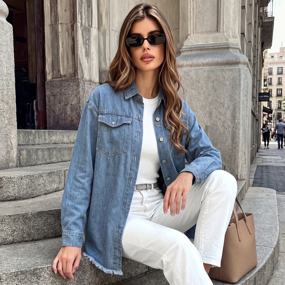 Fashion cross-border foreign trade denim long-sleeved shirt lapel double chest pocket raw edge loose shoulder style shirt outwear women