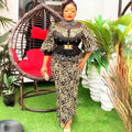 Plus size fashion solid color women's new african hot stamping rhinestone print set cross-border cinched waist dress