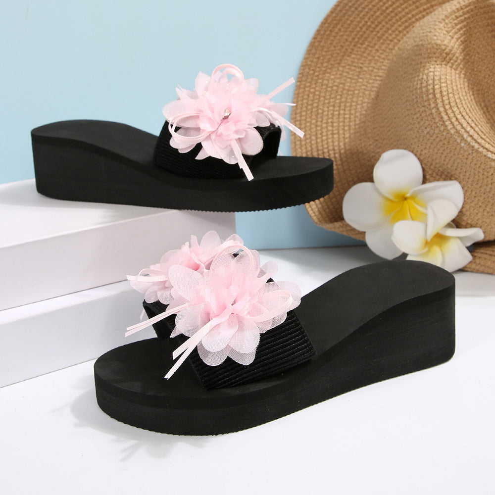 plus size round toe one-shaped wedge slippers 2025new arrival rhinestone flower women's exportfashionexport slippers