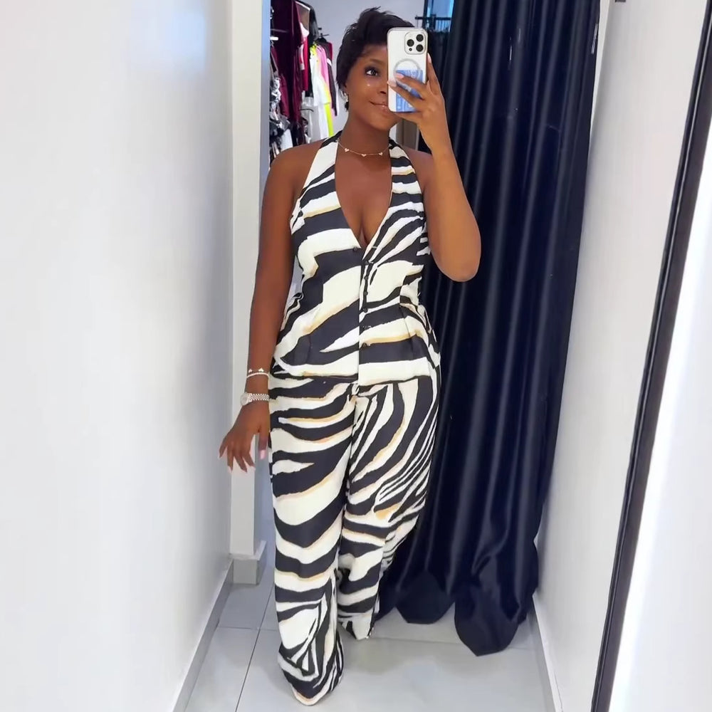 European and american cross-border african women's clothing  summer new arrival: elegant v-neck sleeveless backless top and high-waisted pants set