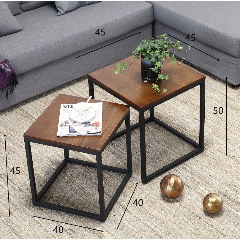 Scandinavian iron art solid wood coffee table small apartment sofa side table casual creative side table dark brown square mother-in-law coffee table