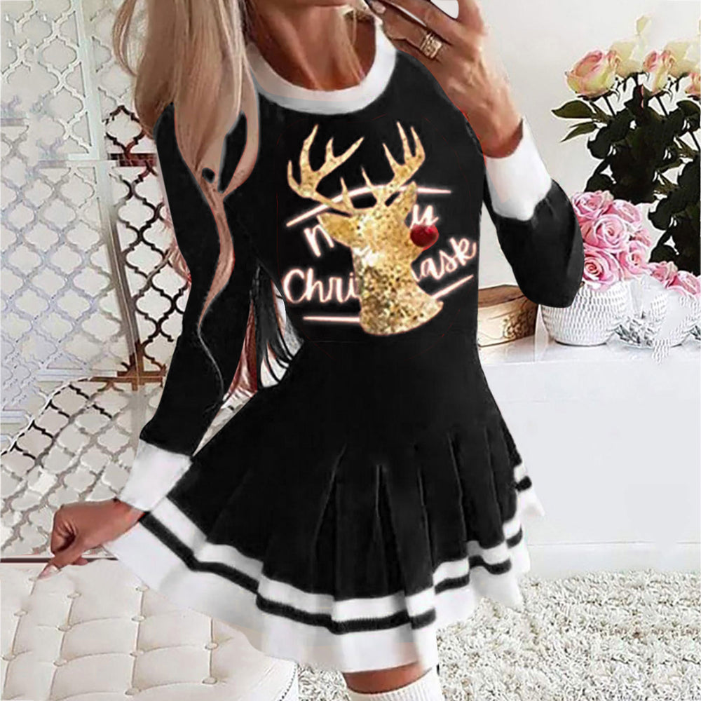 2026 european and american cross-border women's autumn/winter new print round neck long sleeve pleated casual party dress