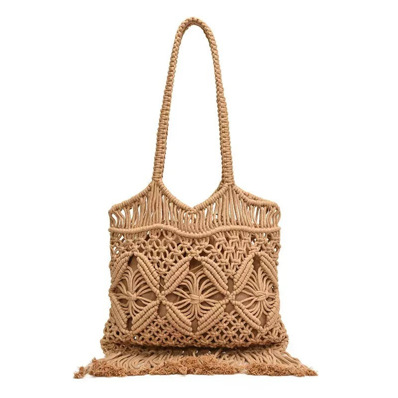 1 tassel straw woven bag women's 2025 new seaside vacation hollow cotton thread woven bag large capacity shoulder tote bag