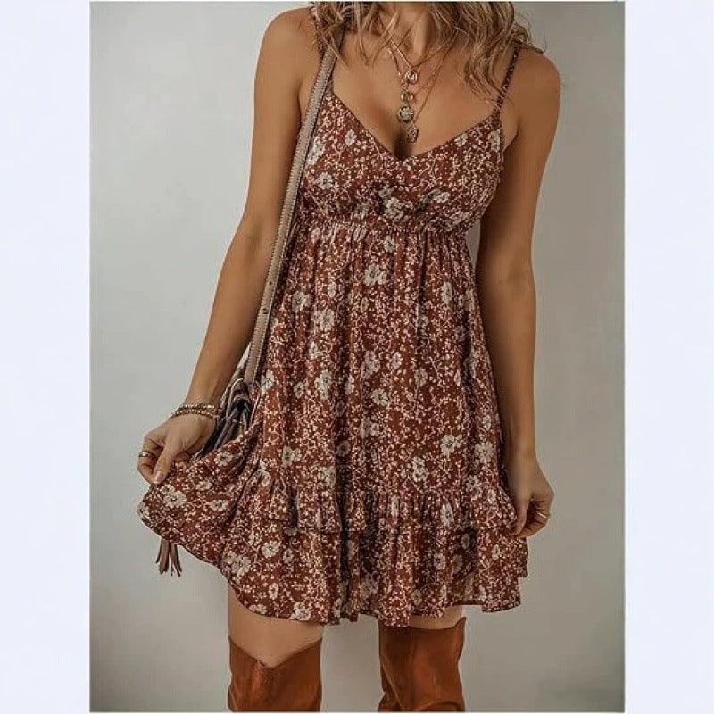 hot & spicy style  summer floral v-neck high-end spaghetti strap design short dress for women