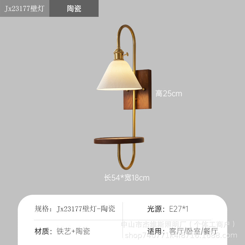 Vintage walnut wall sconce with antique brass and ceramic shelf - bedroom bedside b&b manufacturer