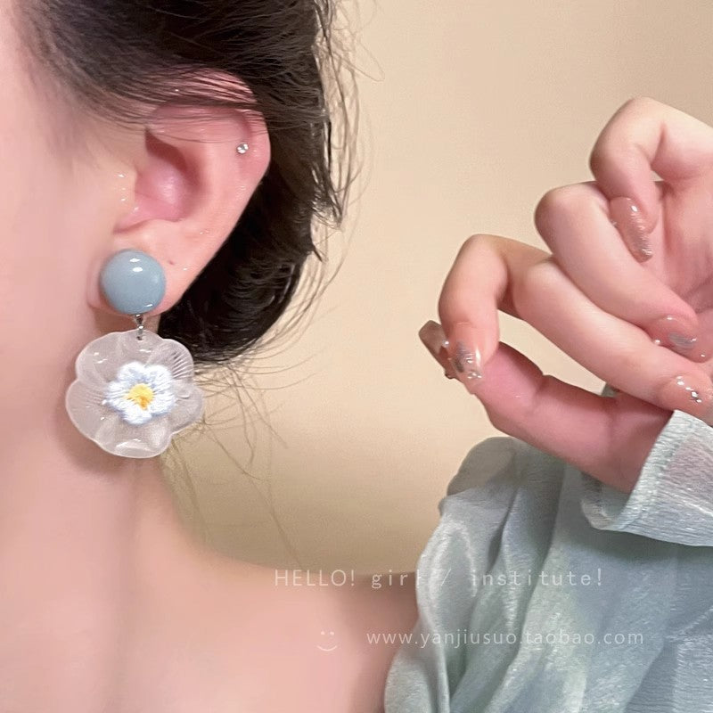 Luxury transparent floral earrings for women - unique, slimming, and statement-making round face earrings - fresh summer studs