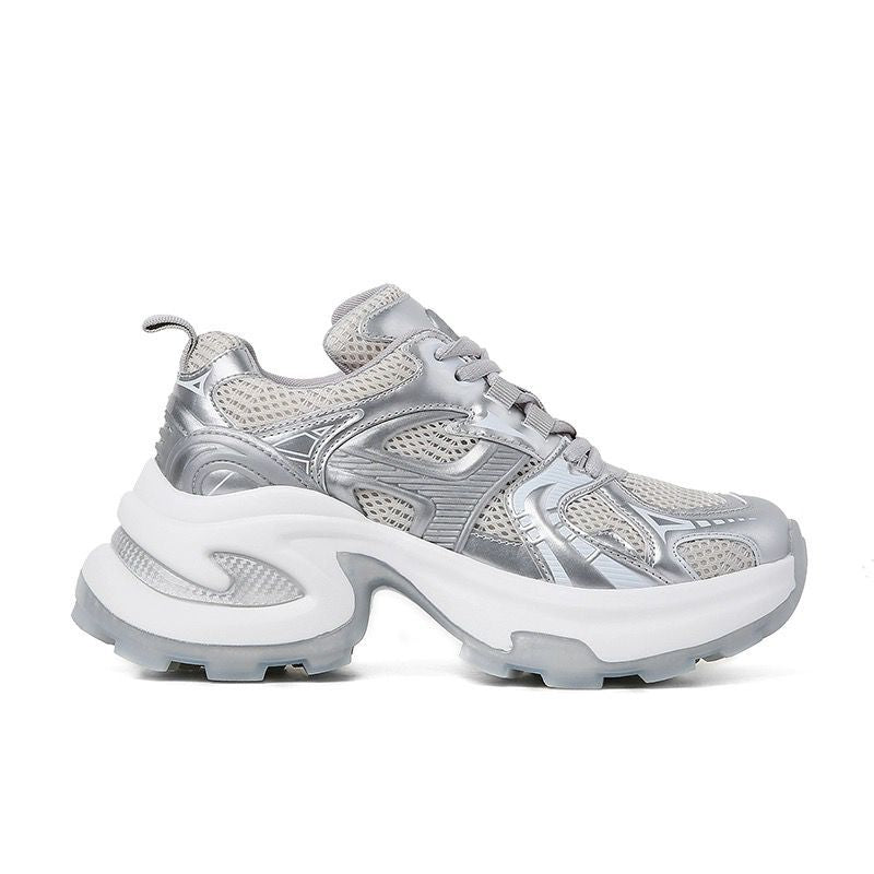 Thick sole silver dad shoes women's 2025 spring and summer new breathable heightened internet celebrity street ins trendy casual sports shoes