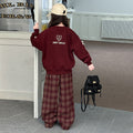Girls' spring/autumn  new red hoodie and chic casual plaid pants set - loose-fit top two-piece outfit for girls