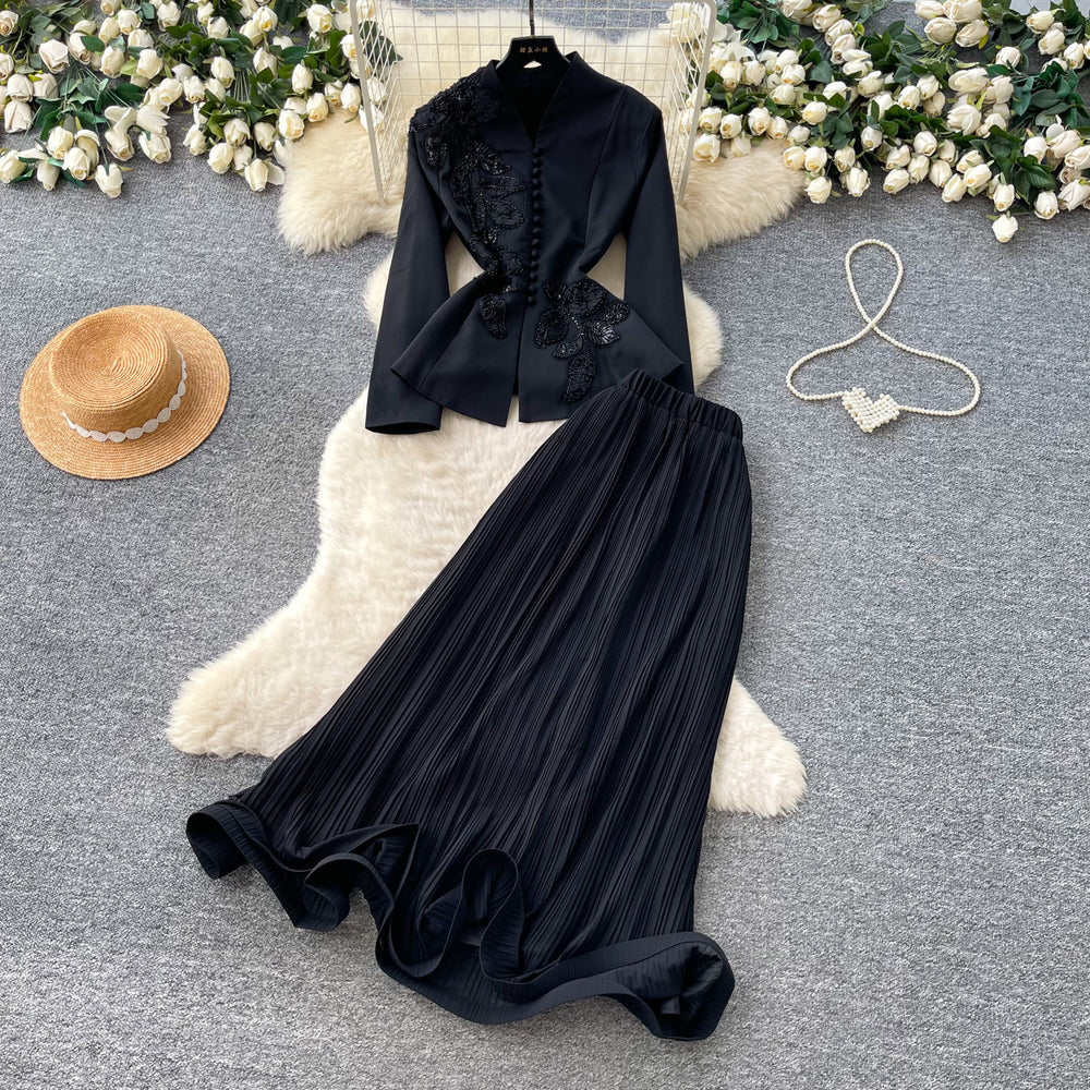 French chic v-neck embroidered jacket & high-waisted pleated skirt set - autumn collection, exquisite craftsmanship, effortless elegance