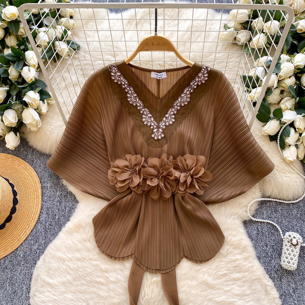 Gentle and lazy style v neckcasual short-sleeved shirt for women  spring strap waist stereo flower decoration tops