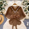 Gentle and lazy style v neckcasual short-sleeved shirt for women  spring strap waist stereo flower decoration tops