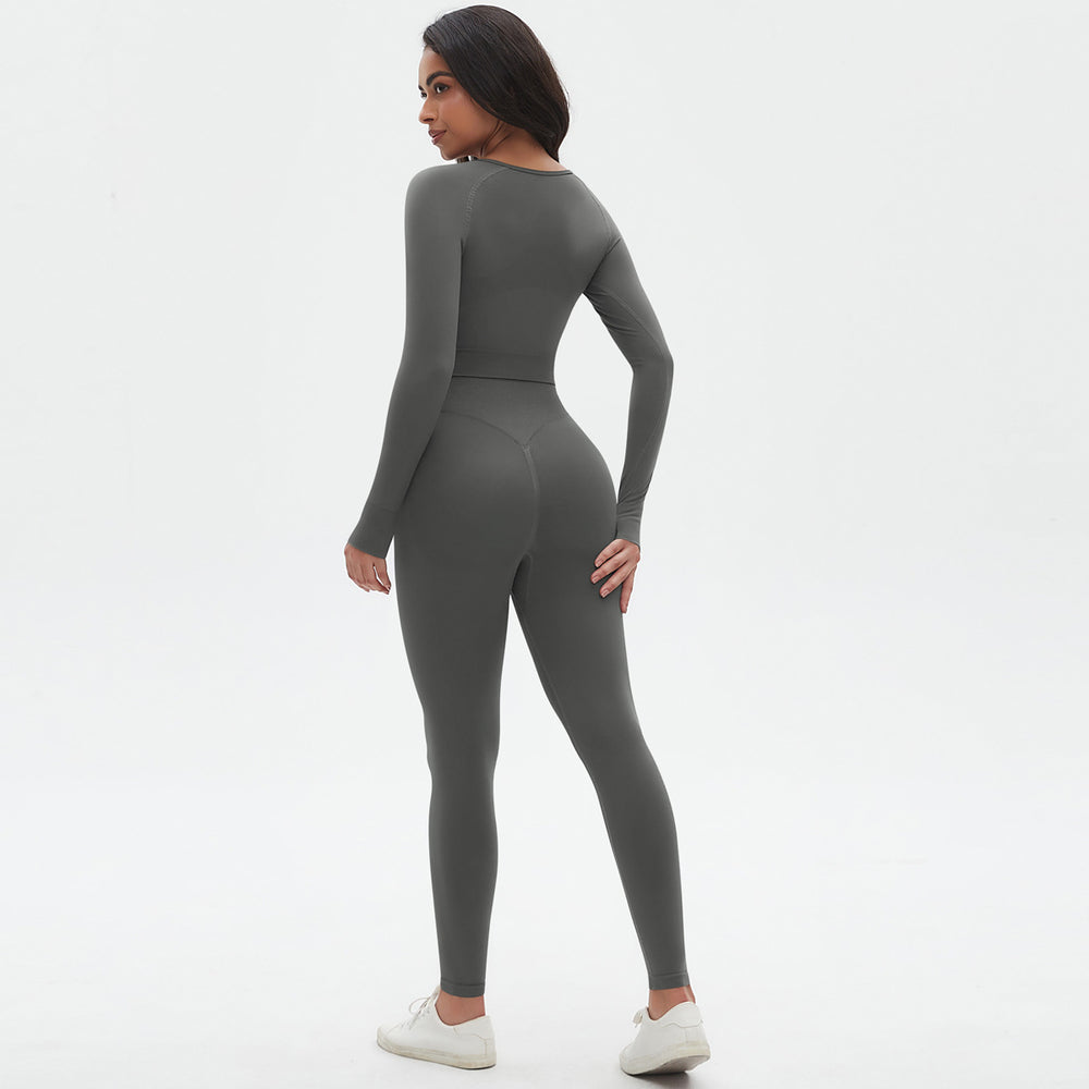 fashion seamless knittingpure color tight high elastic yoga suit sports running fitness suit two-piece set for women