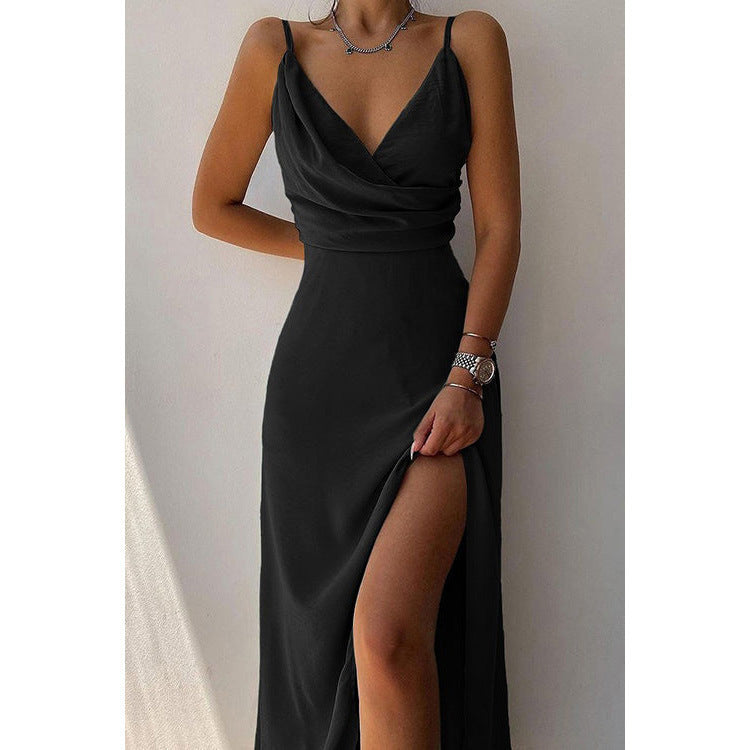 Amazon fashion  summer new sexy v-neck camisole slit fashionable slim-fit dress - women's foreign trade apparel
