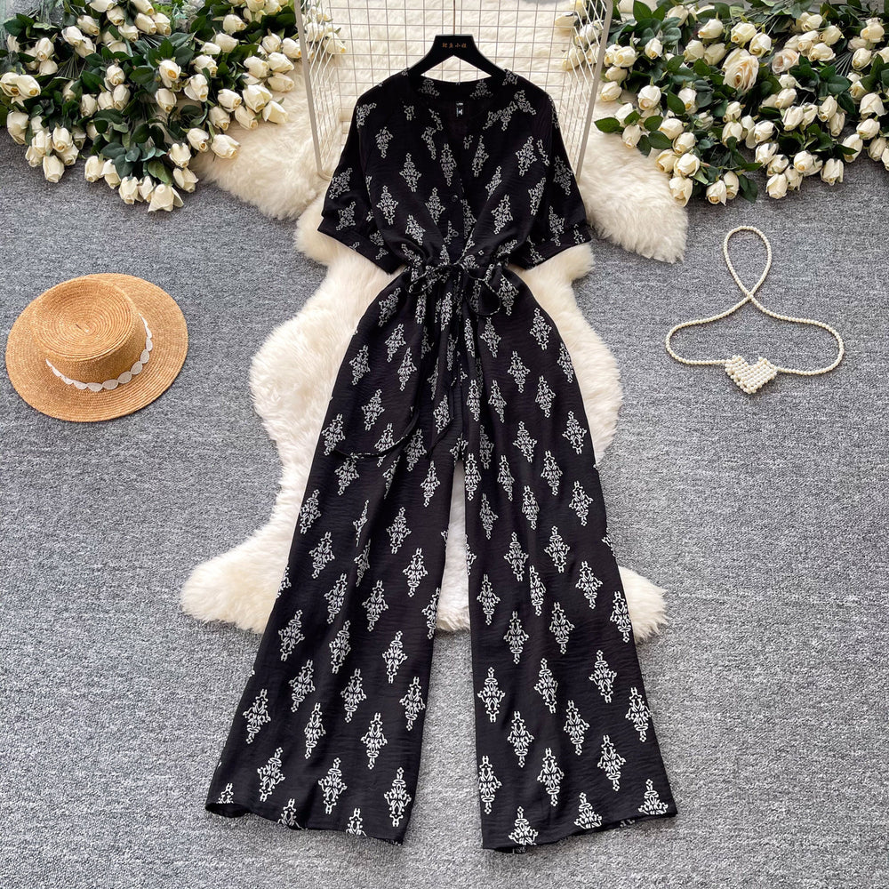 Vintage polka dot v-neck ruched trendy jumpsuit - women's  summer high-waisted slimming wide leg straight leg pants