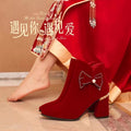 Wedding shoes bridal shoes winter fleece-lined thick heel 2023new arrivalwinter red high heels women's wedding boots not tired feet