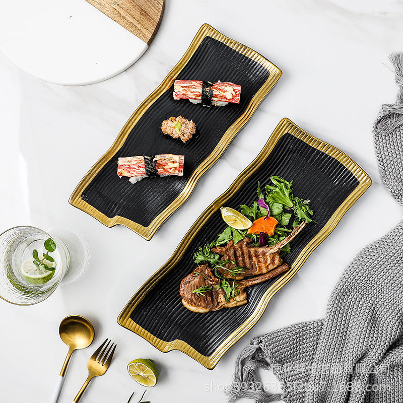 Japanese-style black gold-plated ceramic steak plate - solid color retro dinnerware for home use - pasta plate, sushi plate, vegetable plate