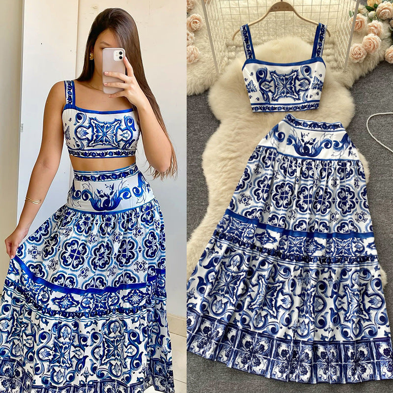 European and american style blue and white porcelain print set - women's summer lingerie: cropped cami top + high-waisted midi skirt