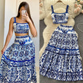European and american style blue and white porcelain print set - women's summer lingerie: cropped cami top + high-waisted midi skirt