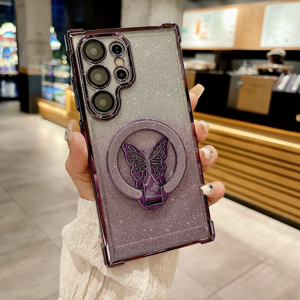 Samsung s25u butterfly glitter stand magnetic phone case, compatible with s26p, four-corner airbag anti-drop a07 protective cover
