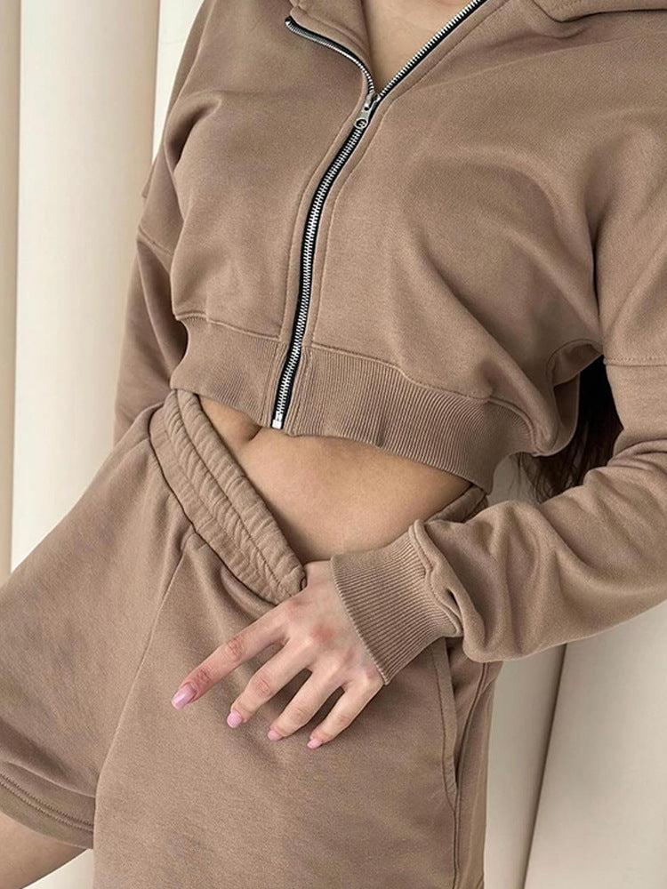 European and American  women's clothing fashion short zipper jacket shorts two-piece set casual sports cardigan shorts set women